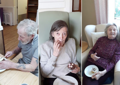 Sonya Lodge Residential Care Home residents decorating cupcakes with icing and chocolate chips