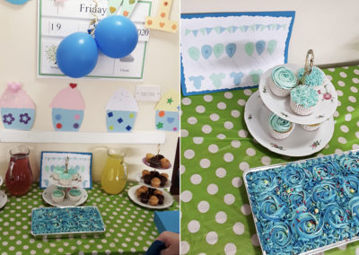 Blue balloons, decorations and cakes