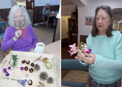 Sonya Lodge Residential Care Home residents touching and smelling items from nature