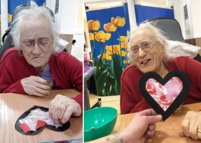 Sonya Lodge resident with her homemade card for Valentine's Day