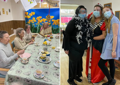 Sonya Lodge Residential Care Home residents enjoying a tea party and staff in fancy dress
