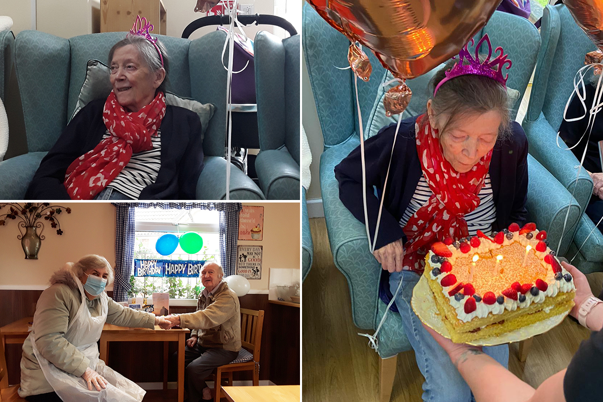 Two Sonya Lodge Care Home residents enjoying their birthday cakes and family visit