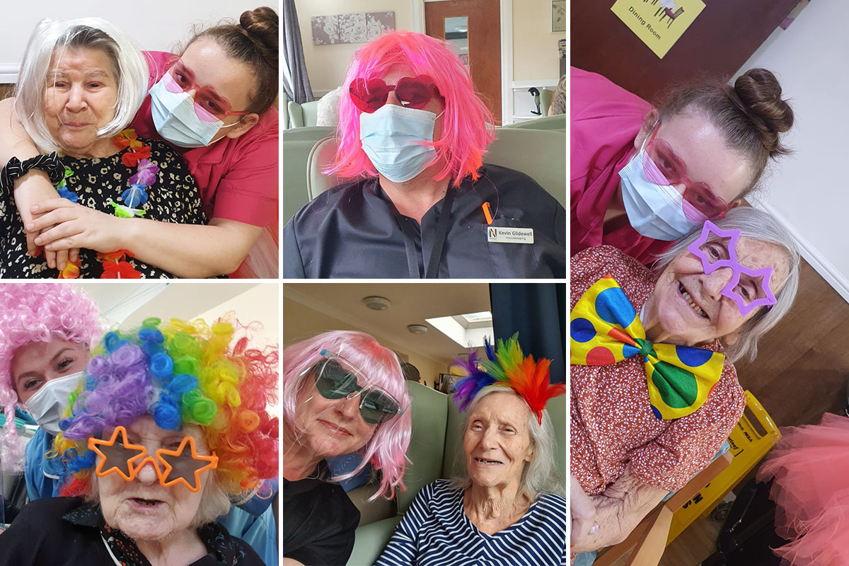 Sonya Lodge Residential Care Home staff and residents wearing fancy dress wigs and selfies