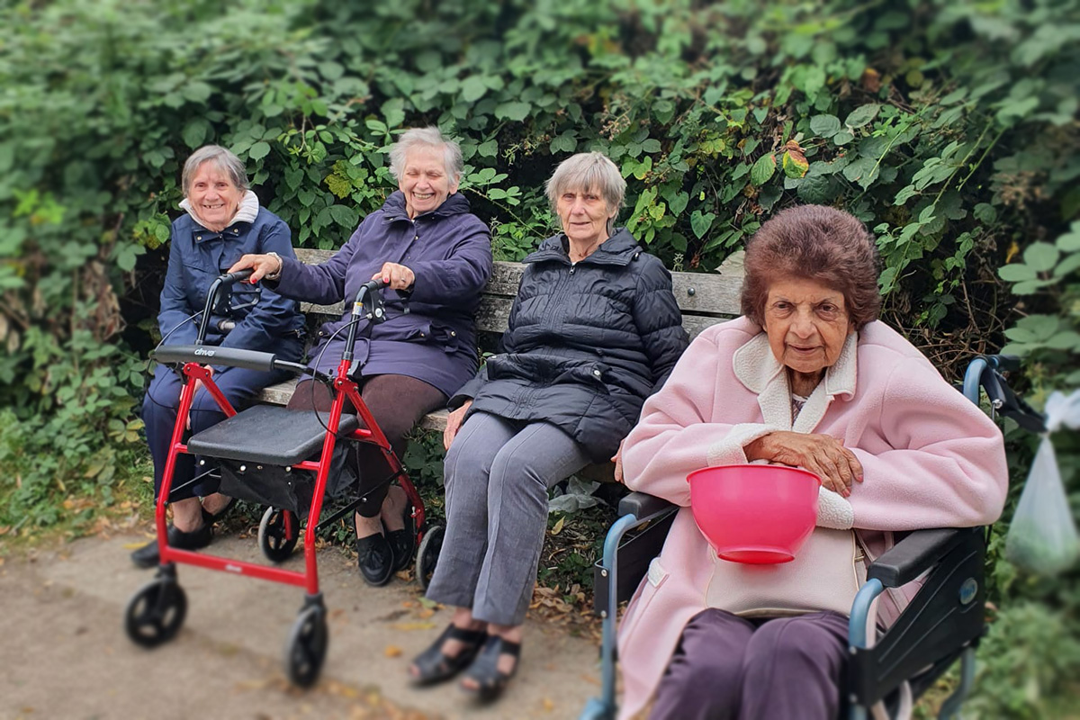 Sonya Lodge Residential Care Home residents pausing for a rest at Brooklands Lake