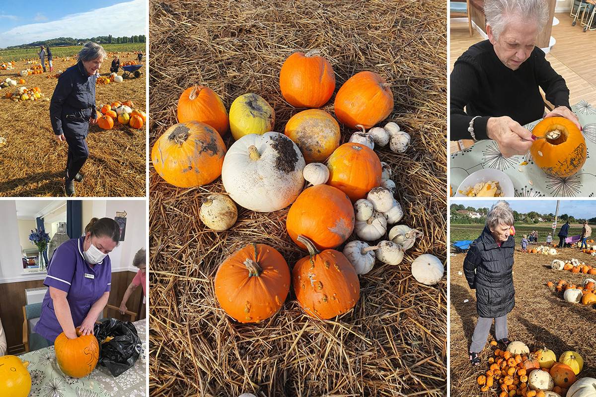 Sonya Lodge Residential Care Home residents visiting Stanhill Farm pumpkin patch and carving their pumpkins