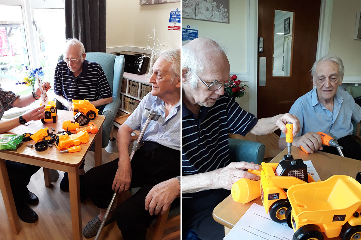 Men enjoying some toy construction at Sonya Lodge Residential Care Home