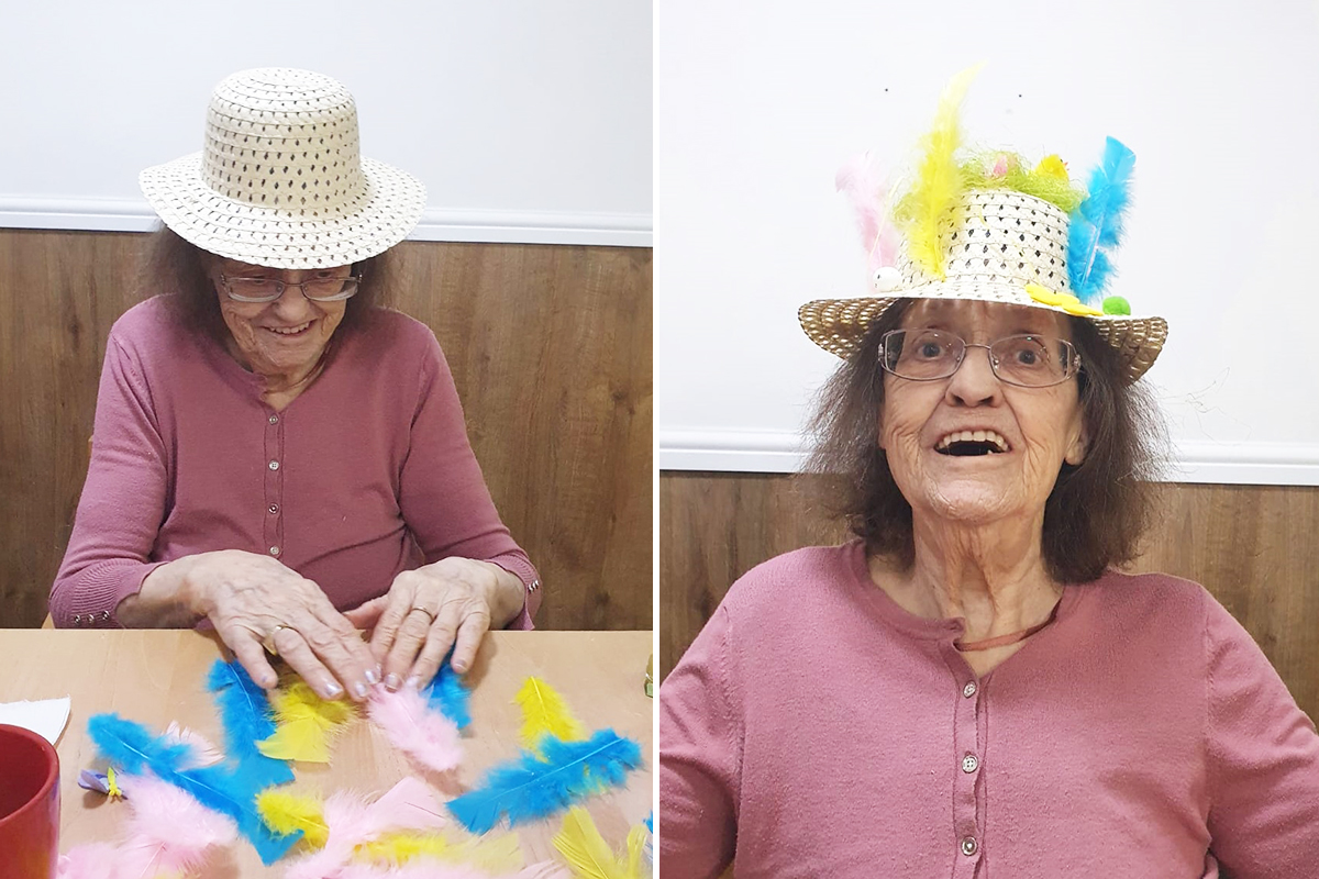Sonya Lodge Residential Care Home resident crafting a home-made Easter bonnet