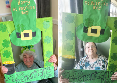 Residents with a St Patricks Day selfie frame at Sonya Lodge Residential Care Home