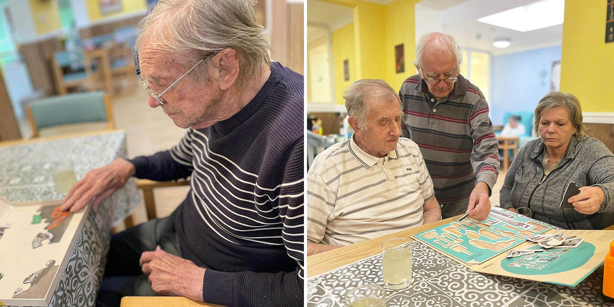 Puzzle fun during Men's Club at Sonya Lodge Residential Care Home