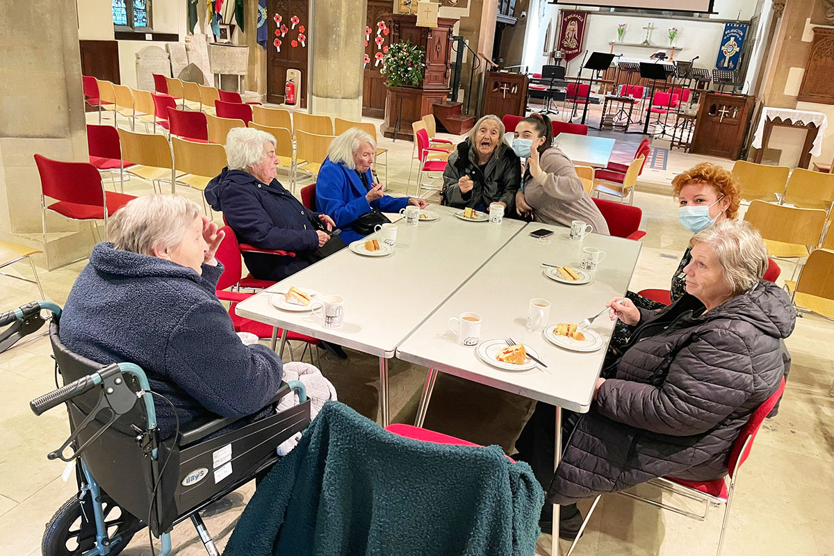 Sonya Lodge Residential Care Home residents enjoying socialising at St Michaels Church over coffee and cake