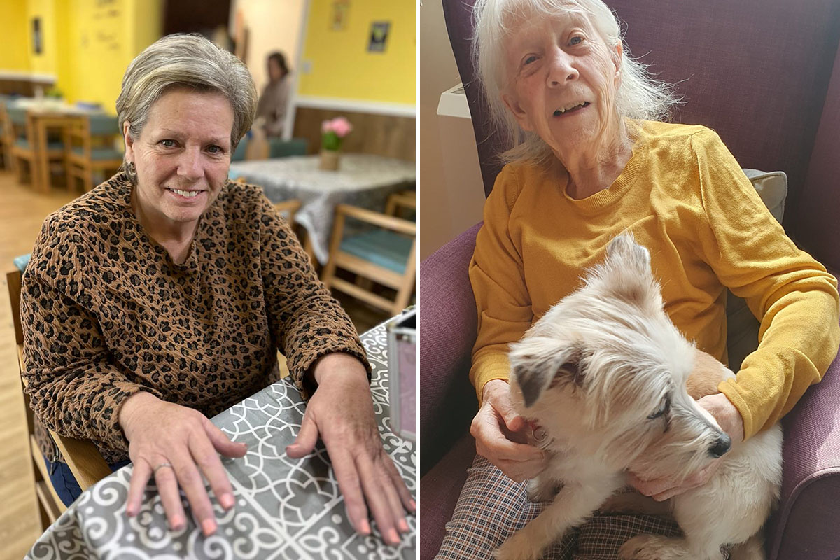 Sonya Lodge Residential Care Home residents enjoying a manicure and cuddle with Roxi dog on Mother's Day 
