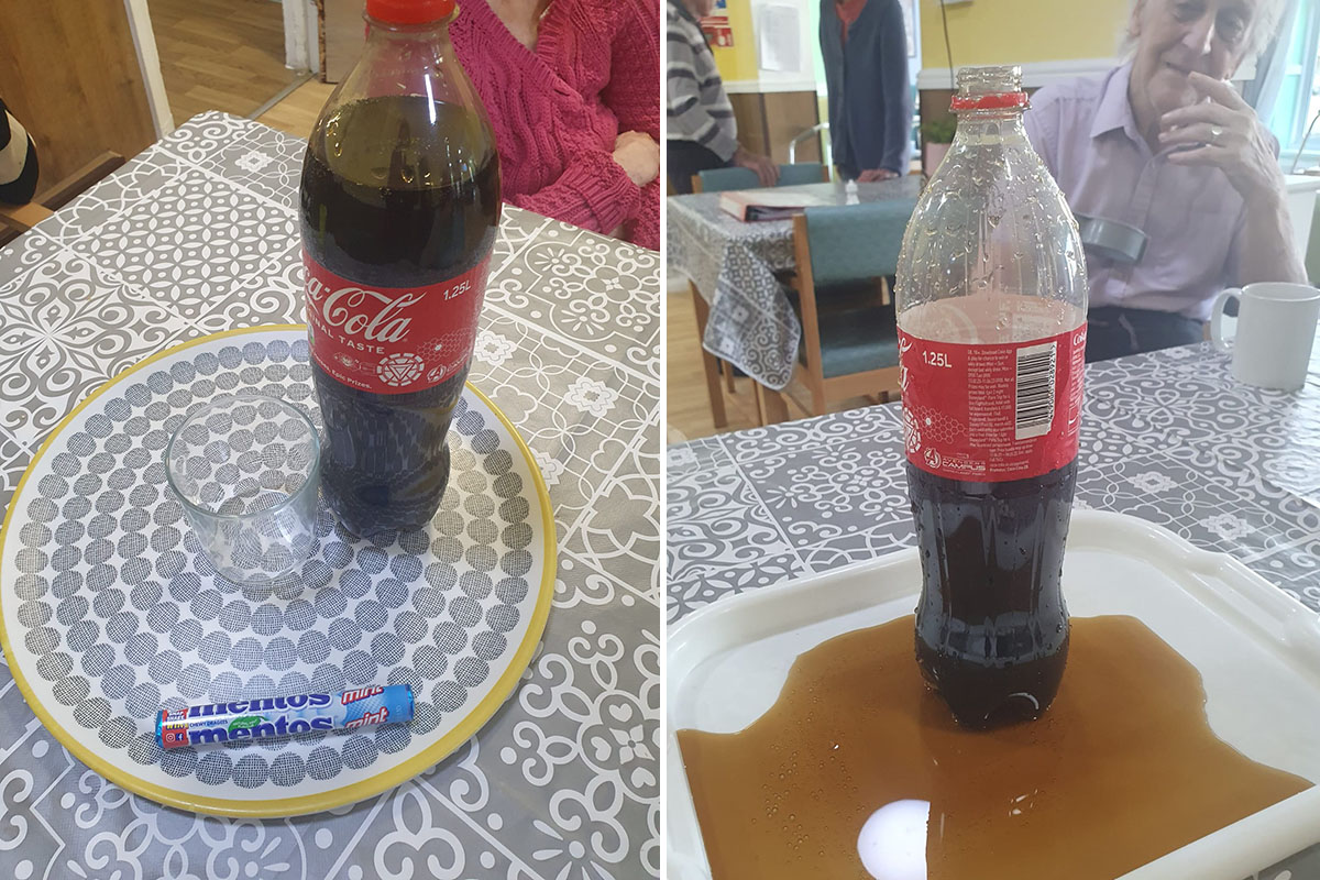 Cola and mentos experiment at Sonya Lodge Residential Care Home