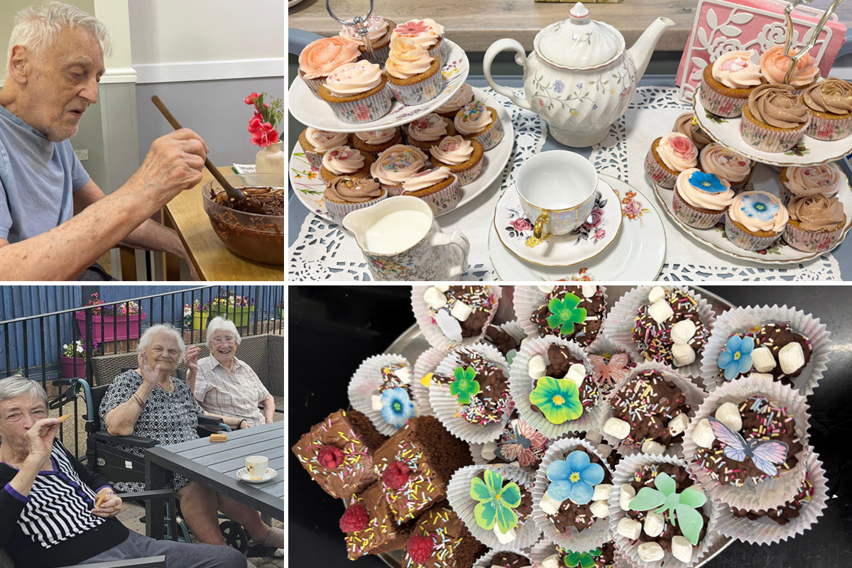 A collage of baking and tea activities at Sonya Lodge, showing a gentleman stirring melted chocolate, a table set with cupcakes and a teapot, residents enjoying tea and cakes outdoors, and a tray of decorated chocolate treats with colourful toppings.
