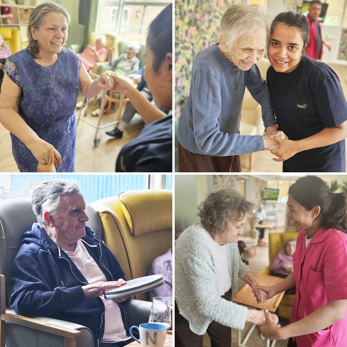 Sonya Lodge Residential Care Home residents and carers dancing together and playing musical instruments
