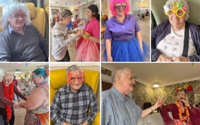 A joyful collage of carnival day celebrations at Sonya Lodge Residential Care Home, showing our residents and colleagues dressed in colourful wigs, glasses, and costumes. Smiling faces, dancing, and entertainment filled the Home, creating a lively and fun party atmosphere.