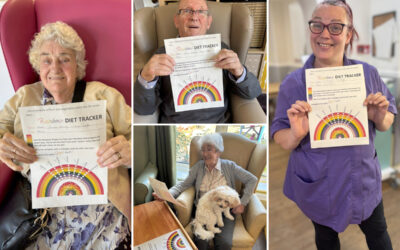 Residents and a team member at Sonya Lodge Residential Care Home proudly hold up their Rainbow Diet Tracker sheets, smiling as they take part in a colourful and fun nutrition activity.