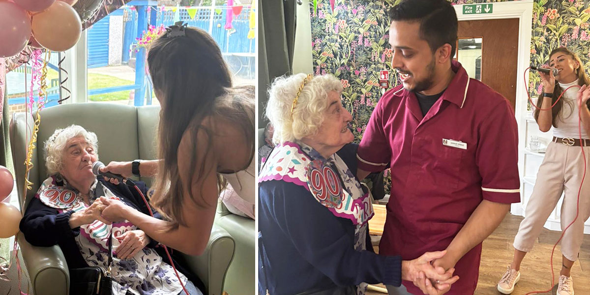 Sonya Lodge resident singing into a microphone with an entertainer, and dancing with a team member while the entertainer sings in the background.