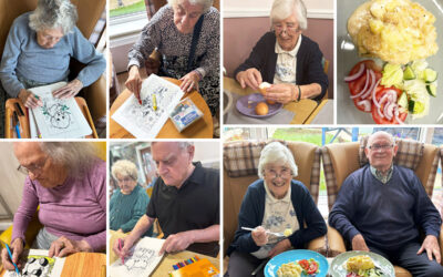 Residents at Sonya Lodge Residential Care Home enjoying creative activities, including colouring animal pictures and cooking Anglesey Eggs together, with colourful artwork on display.