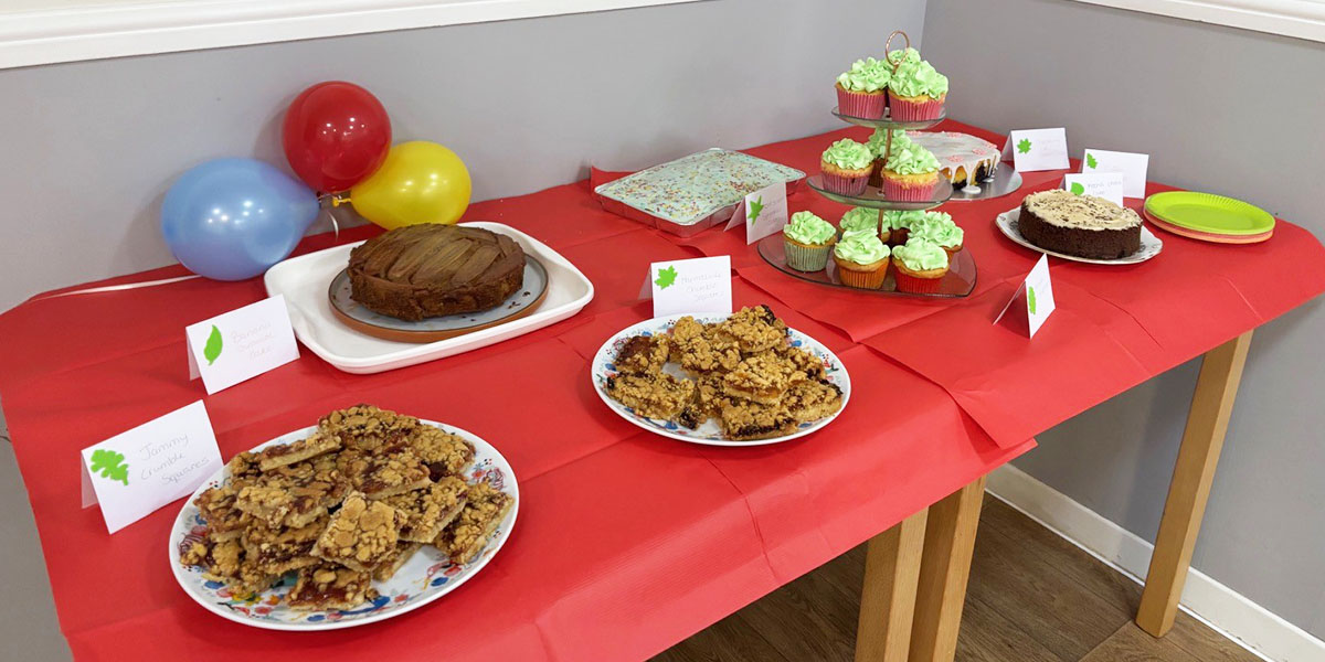 A display of homemade cakes and bakes at Sonya Lodge Residential Care Home for their Bake Off fundraiser in support of Macmillan Cancer Support.