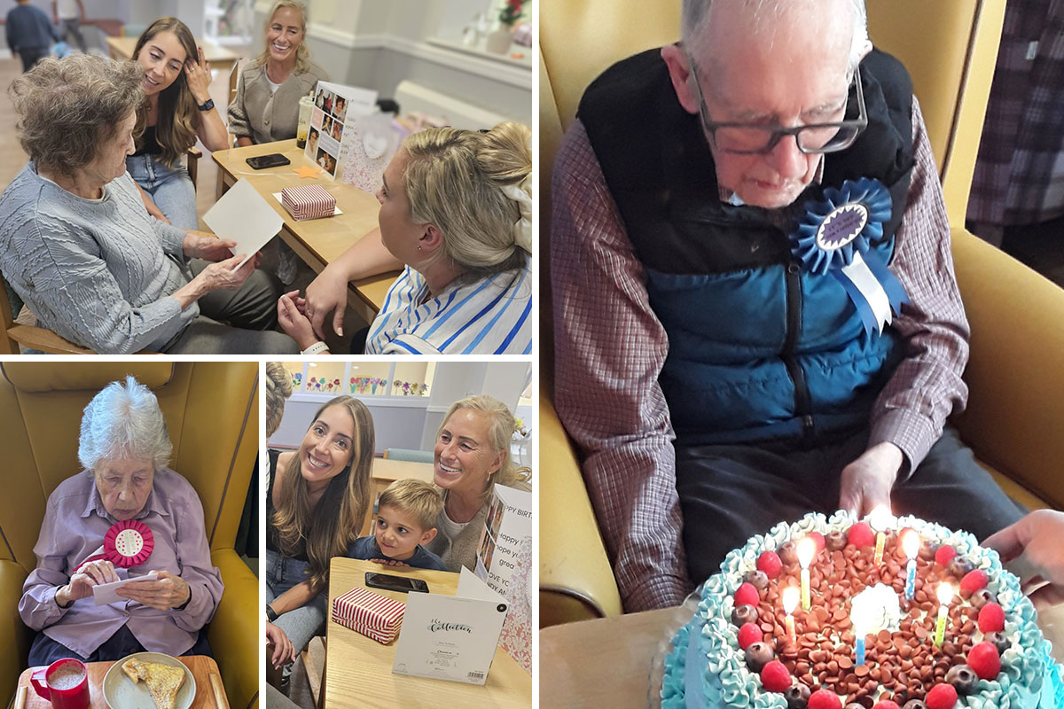 Residents and families at Sonya Lodge Residential Care Home celebrating birthdays together with cakes, cards, and warm smiles.