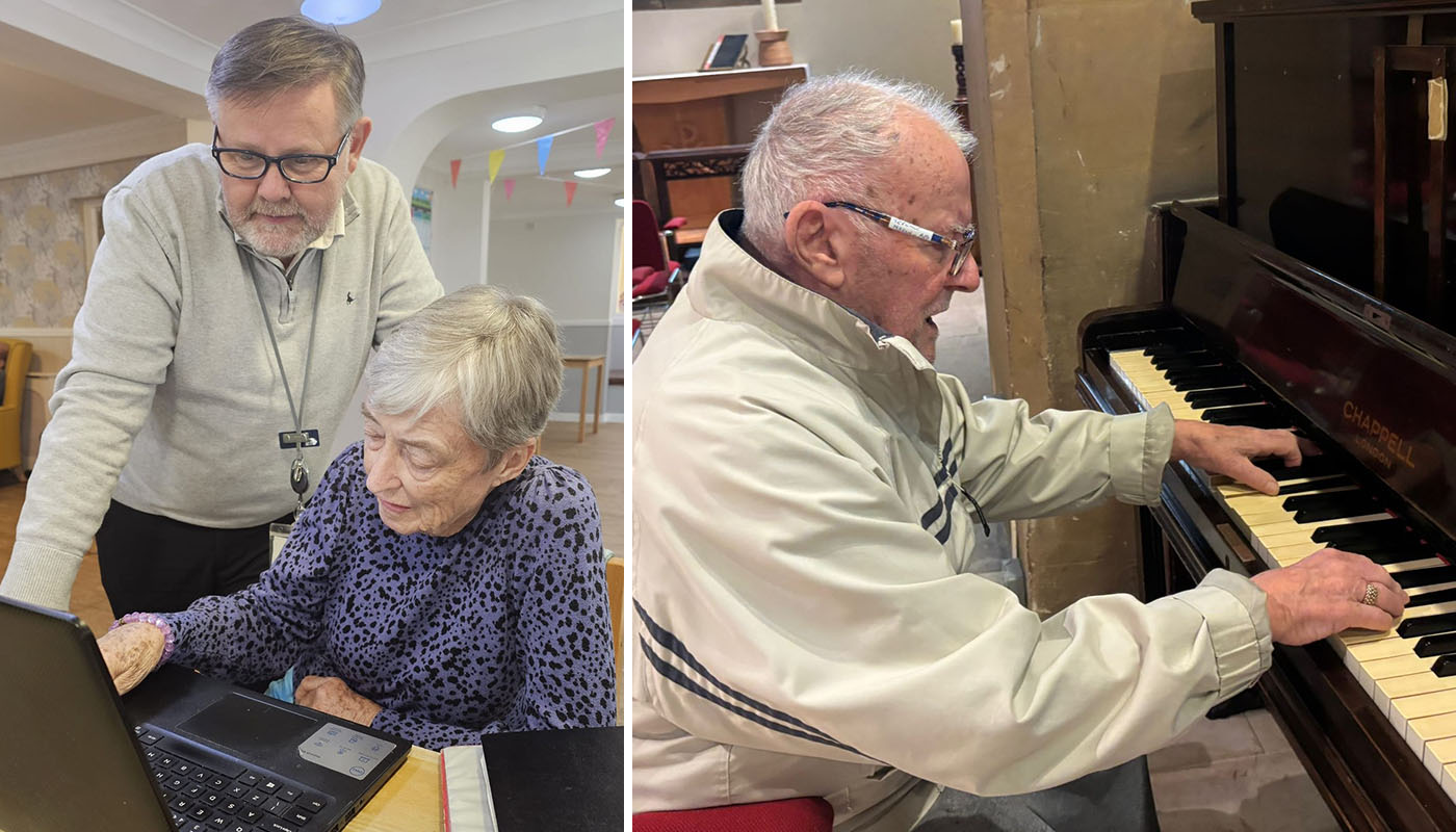 Monica working on a computer with the Home Manager, and Terry playing the piano at church, sharing their skills and enjoying meaningful one-to-one time.