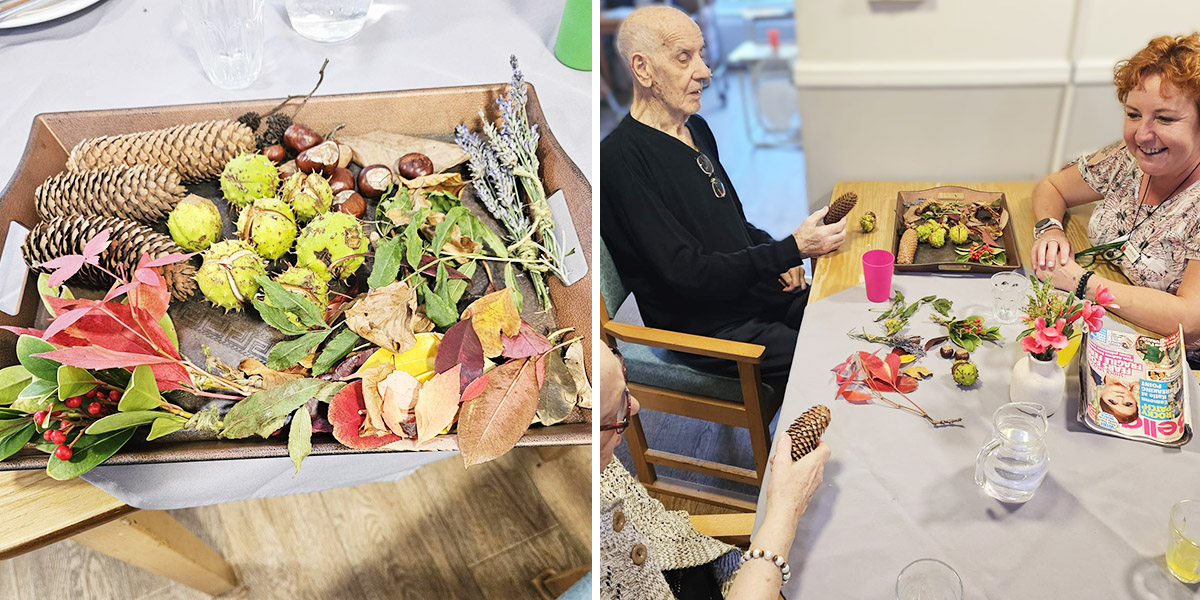 An autumn-themed tray filled with pinecones, conkers, leaves and flowers being explored by residents and staff at Sonya Lodge during a sensory activity.