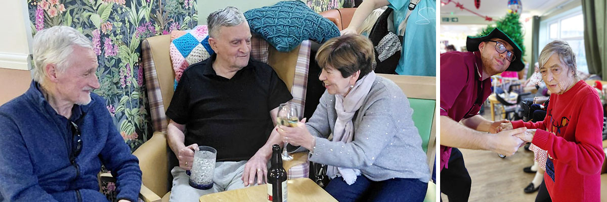 Sonya Lodge residents socialising during the Christmas party, enjoying drinks and time together in a decorated lounge.