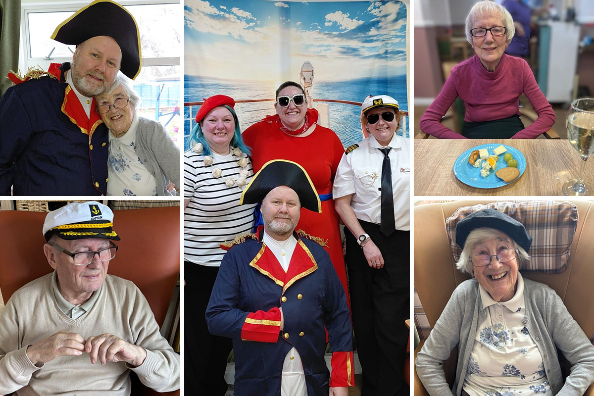Sonya Lodge residents enjoying a French-themed activity with cheese, wine and fancy dress during a cruise to France week.