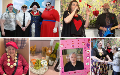 Residents and staff at Sonya Lodge taking part in themed activities including a cruise to France experience and Valentine’s Day festivities with music and decorations.