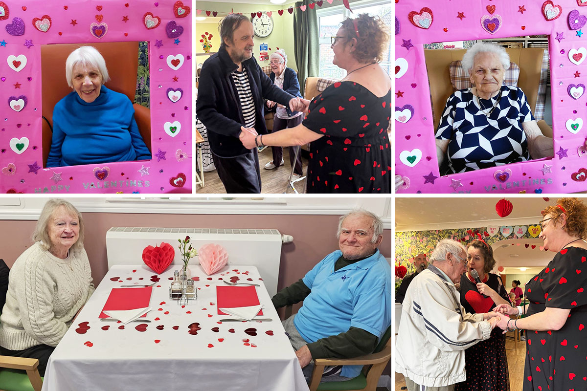 Residents and families enjoying a decorated Valentine’s lunch and afternoon entertainment at Sonya Lodge Residential Care Home.